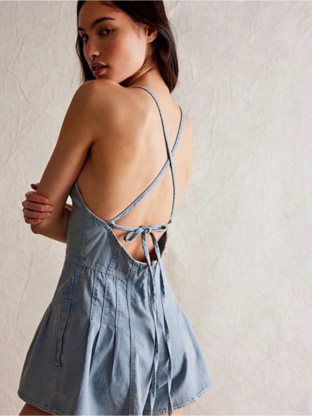 Free People Light Blue Denim Tie-Back Romper